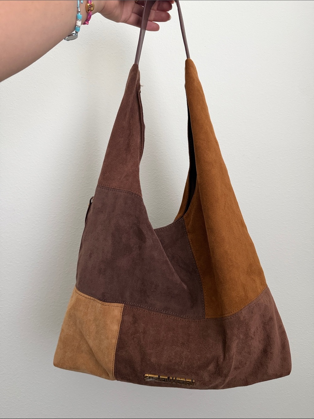 Steve Madden Brown and Tan Patchwork Suede Shoulder Bag